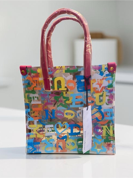 Dooney & Bourke Handbags - Dooney & Bourke Clear Multicolor Letter-Print “Doodle” Tote w/Pink Handles (NWT)